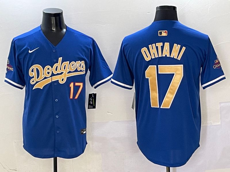 Men Los Angeles Dodgers #17 Ohtani Blue Champion gold character 2025 Nike MLB Jersey style 409